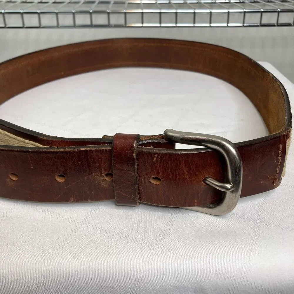 Banana Republic Men's Leather Belt Size 34 Canvas Mixed Media Preppy Old‎ Money
